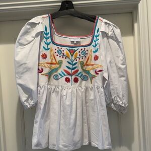 Mi Golondrina Embroidered White Blouse with Colorful Bird Design